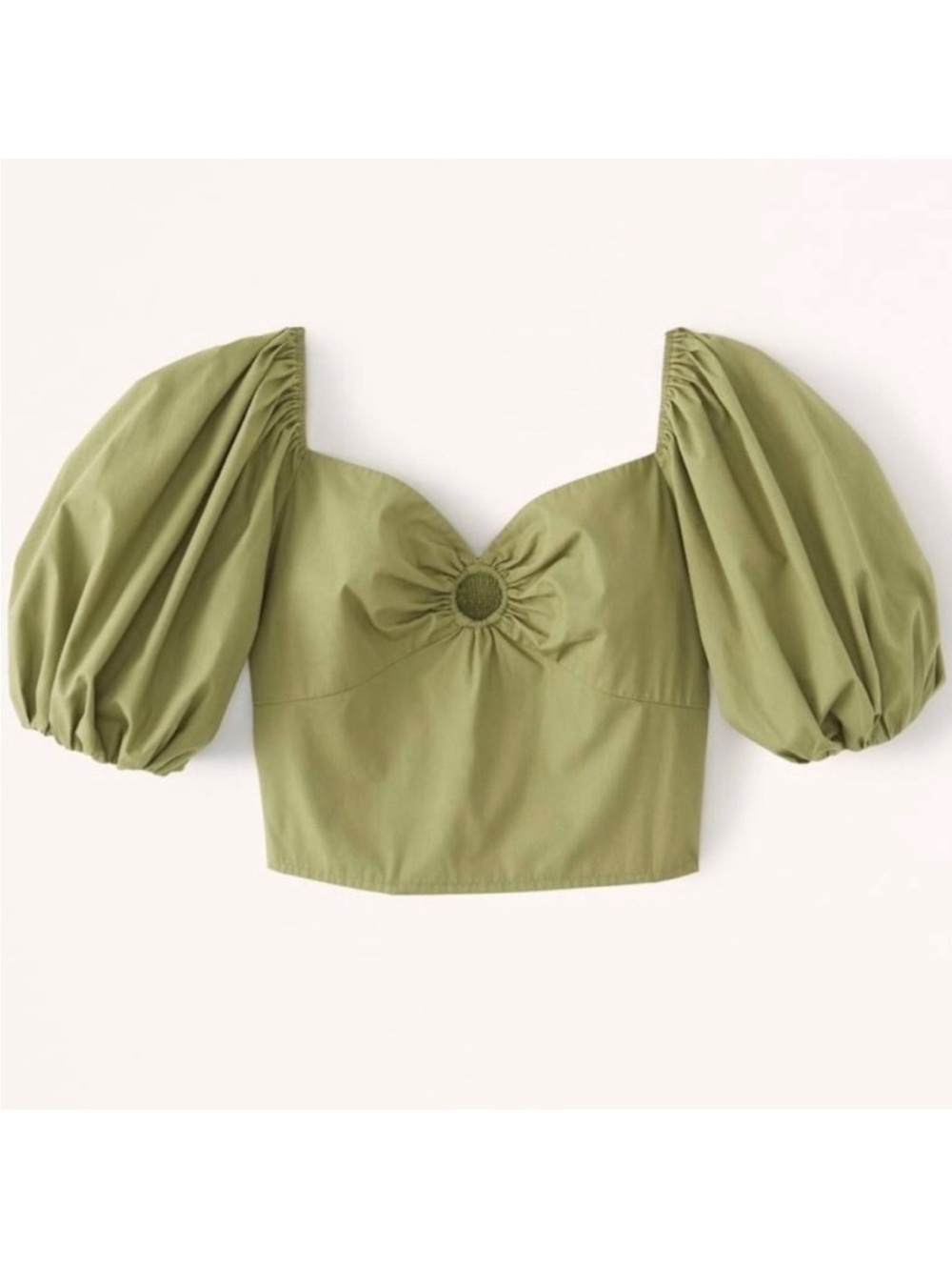 Abercrombie & Fitch Olive Puff-Sleeve Crop Top with Ring Accent